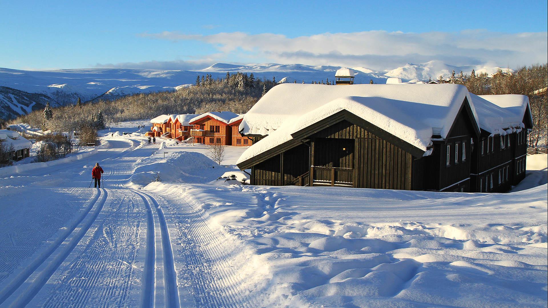 Cross-country skier in a track leading past cabins