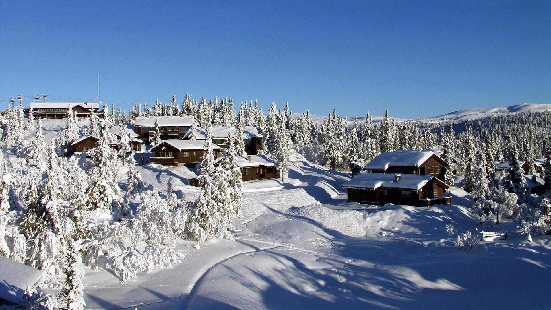 Hytter ligger i et solheng i åpen granskog ved tregrensa med fjell i bakgrunnen. Det er vinter, sola skinner og det ligger masse snø på hyttetakene og trærne.