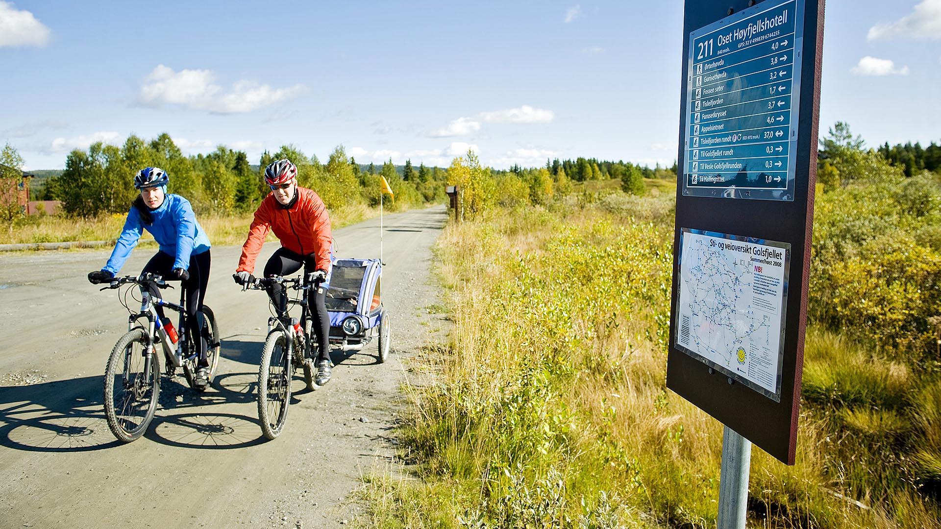 Two cyclists, one of them with trailer, cycle past a signboard on a broad mountain farm road.