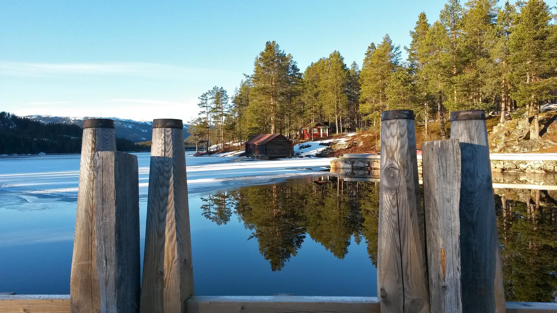 Standing on a dam looking over the mirror clear water surface of a lake towards some pine trees on the shore. It is spring, and parts of the lake are still ice-covered.