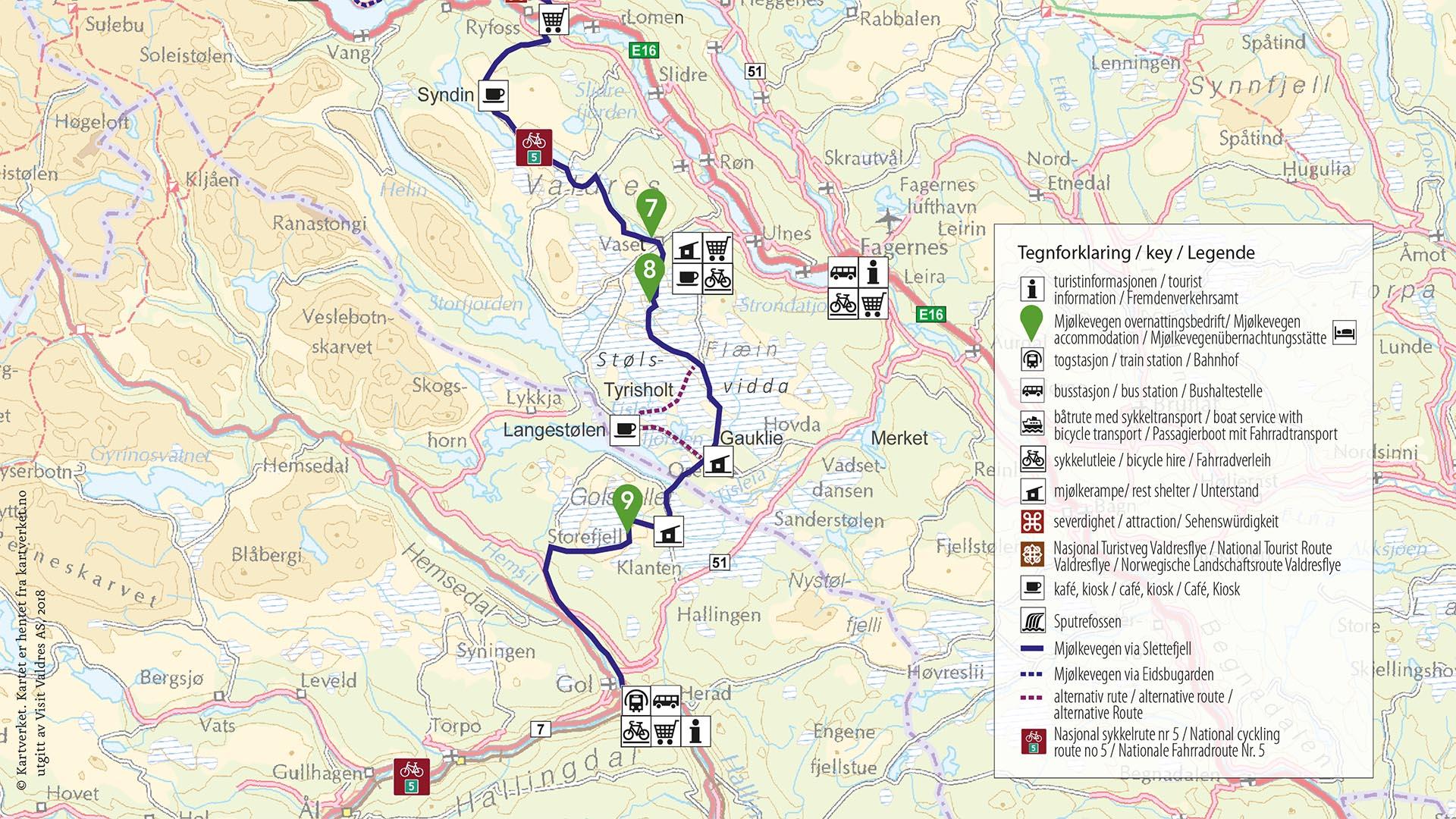 Bild einer Karte, die den südlichen Teil der Fahrradroute Mjølkevegen zeigt.