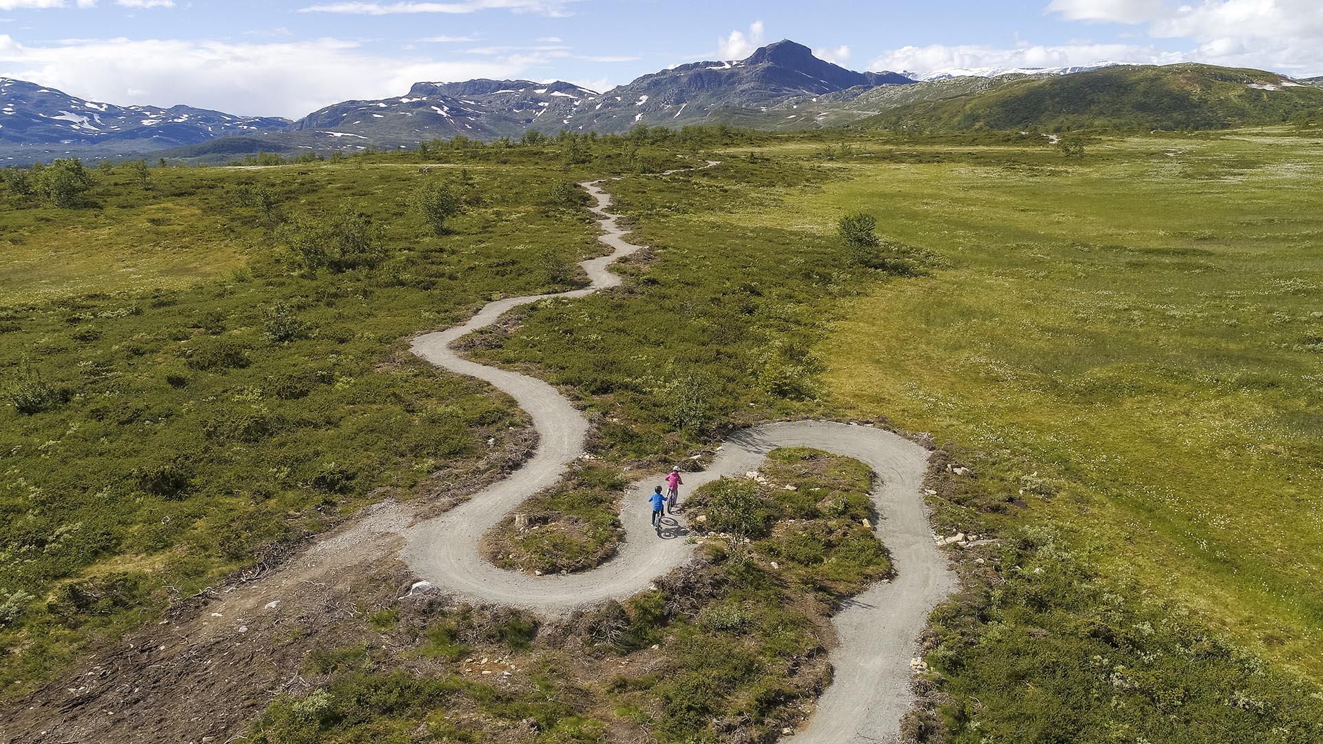 A sustainably built terrain cycling trail winds itsself through open mountain country with mountains on the horizon.