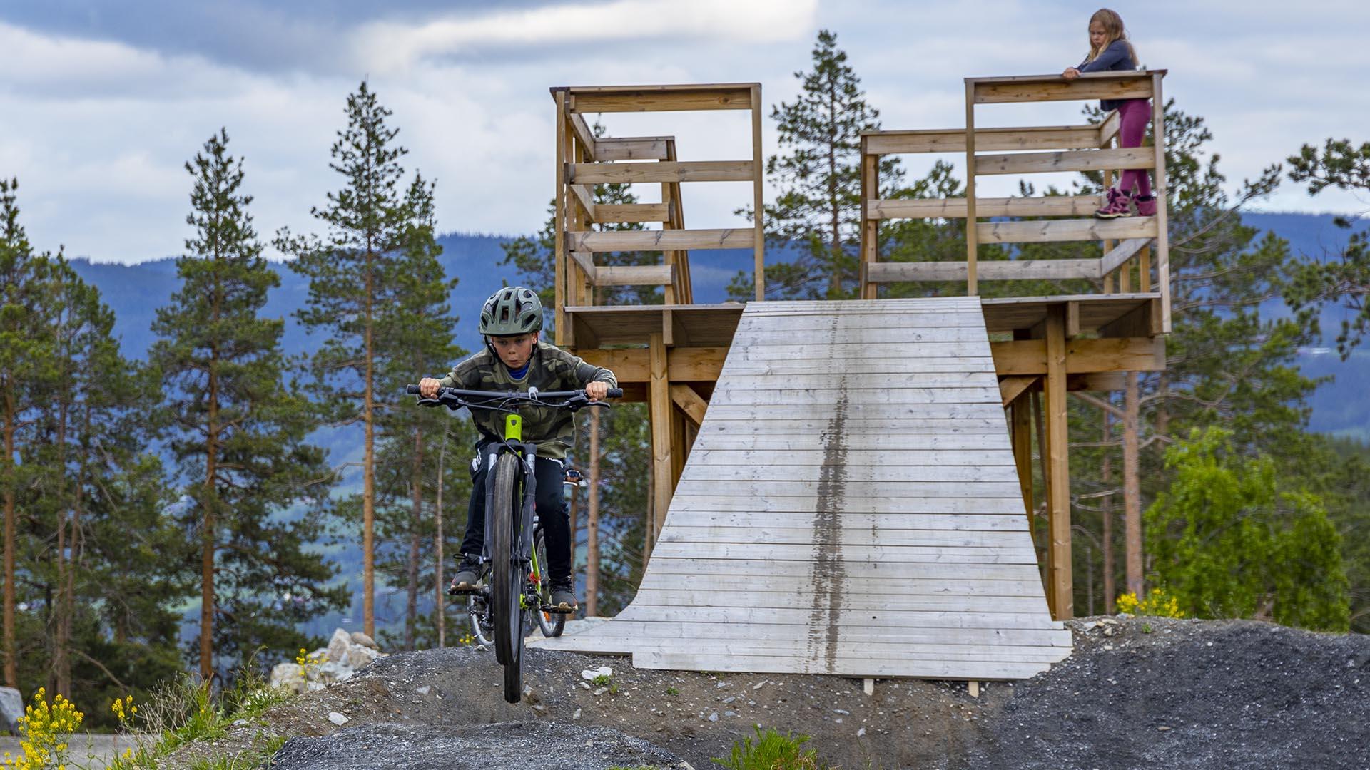 A boy on a mountainbike just cycled down a wooden tower with a steeply inclining wooden ramp as a technical element in a terrain cycling trail.