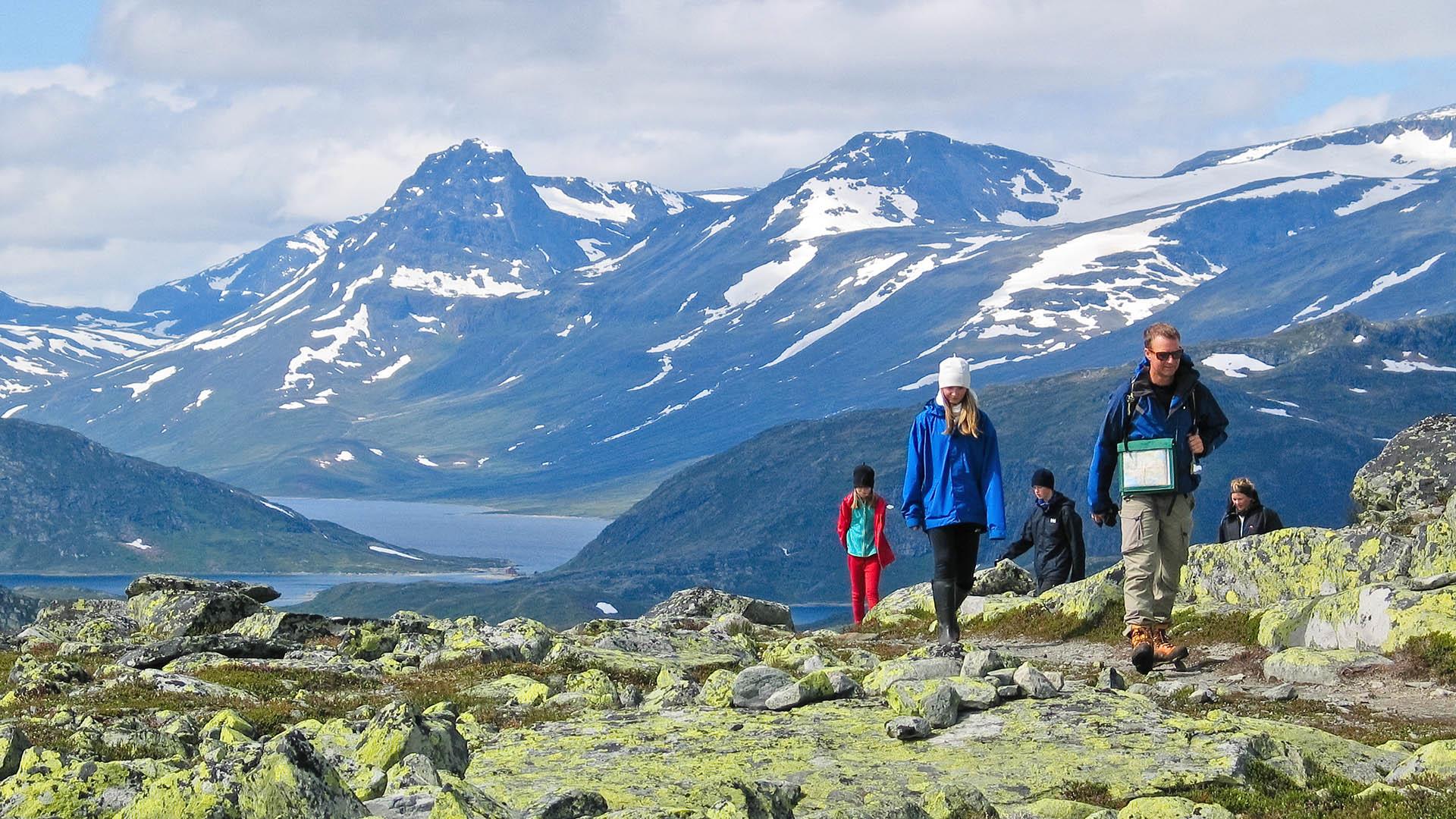 Vandrere i fjellet går gjennom et parti med masse lav på steinene. I bakgrunnen et vann og totusenmetertopper.