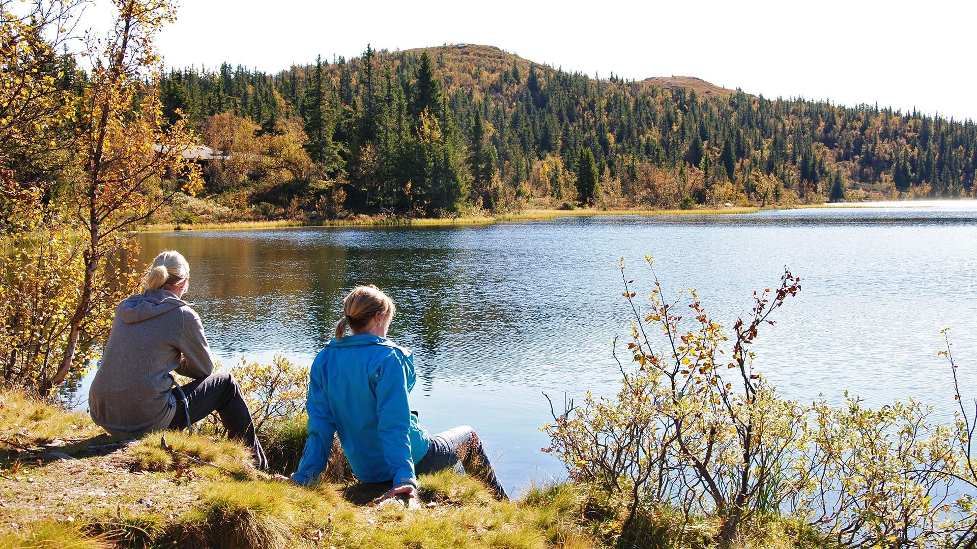 To women sit on a lakeshore in an autumn-coloured mountain forest just below the tree line.
