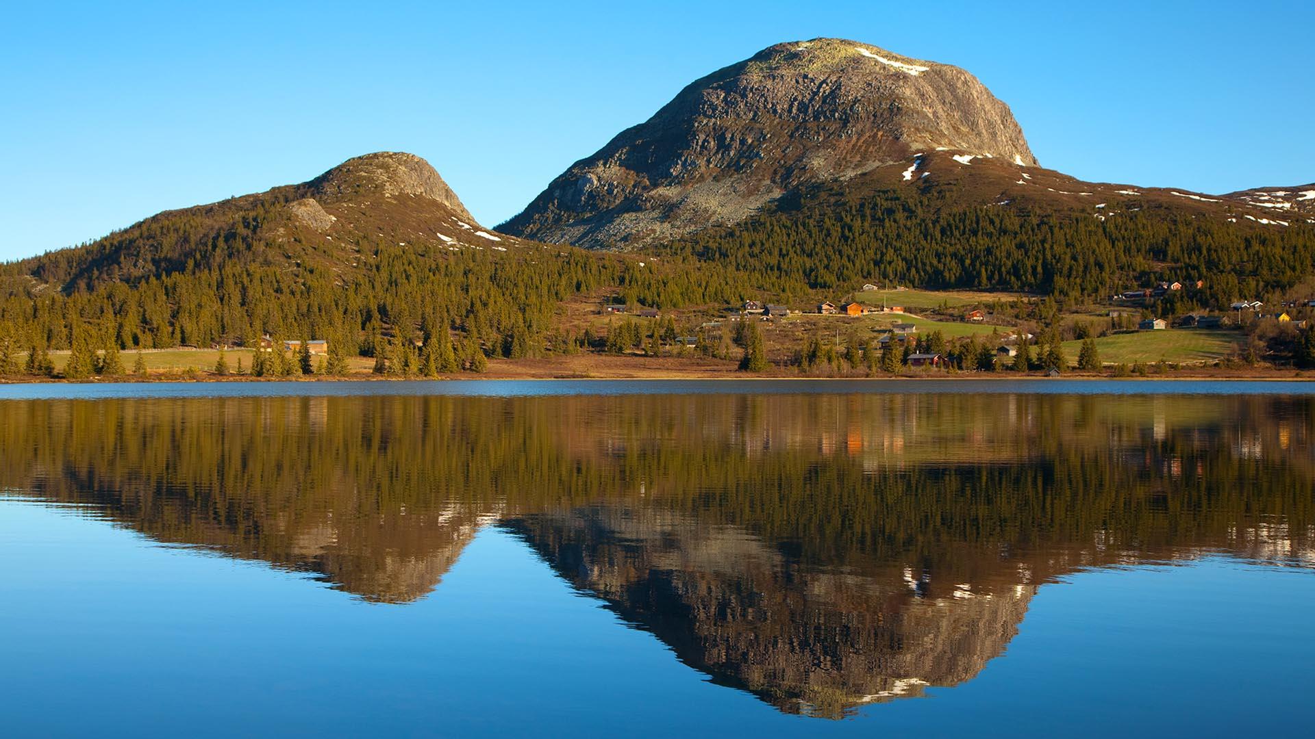 To characteristic mountains rise above some spruce forest and pastures and are mirrored on a absolutely blank lake surface, together with a cloudless blue sky.