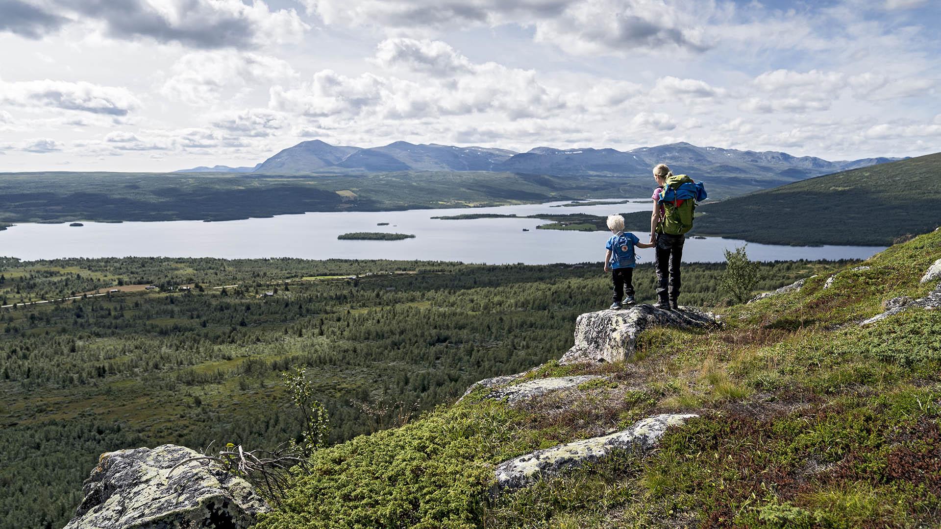 A woman is holding the hand of a small boy, and both stand on a small rocky outcrop overlooking a vast high plateau with mountain forest, a large lake and a distant mountain chain.