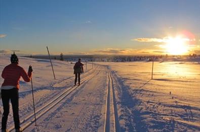to skigåere med solnedgang og vinterlige forhold