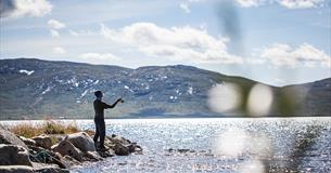 Angeln vom Ufer aus am See Vinstre.