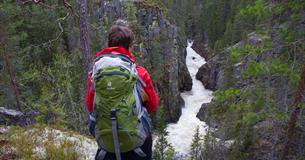 En kvinne med ryggsekk står ved et utsiktspunkt over et elvejuv i barskog.