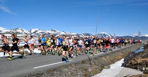 Mange deltakere på Det Norske Fjellmaraton langs Valdresflye i strålende vær.