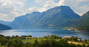 Summer meadow and green pastures in Vang, on the hillside above Grindaheim, overlooking Lake Vangsmjøse. The mighty mountain Skutshorn dominates the b