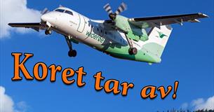 Plakat: Koret tar av. Bilde av Widerøe fly som letter