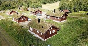 6 traditional wooden cabins with grass roof surrounded by lush birch forest and meadow.