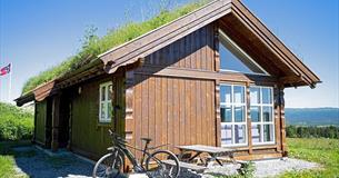 Hütte mit Grasdack und einem Fahrrad vor der Tür