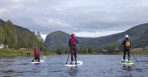 Tre stand-up-padlere på en rolig elv med skogdekt fjell i bakgrunnen.