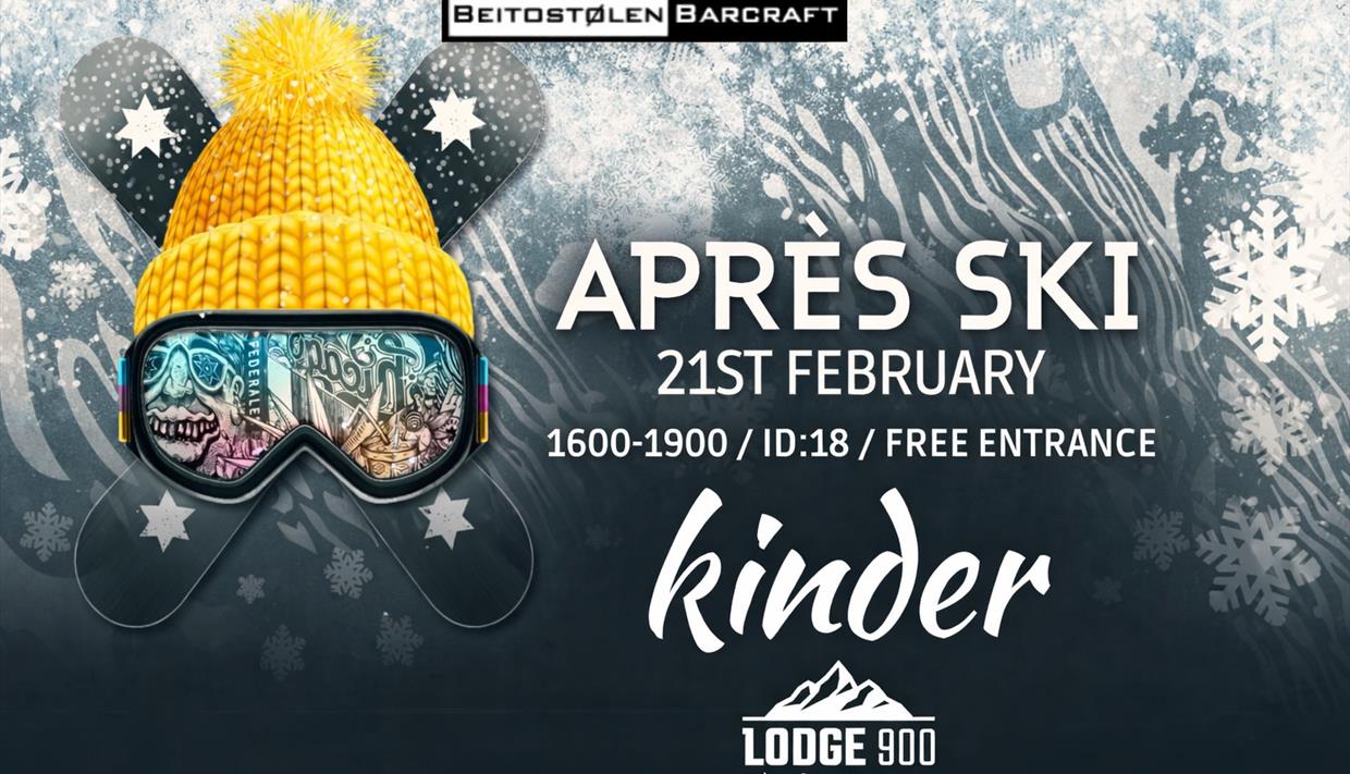 Afterski på Lodge 900. Viser bilde av en logo med skibriller og gul lue.