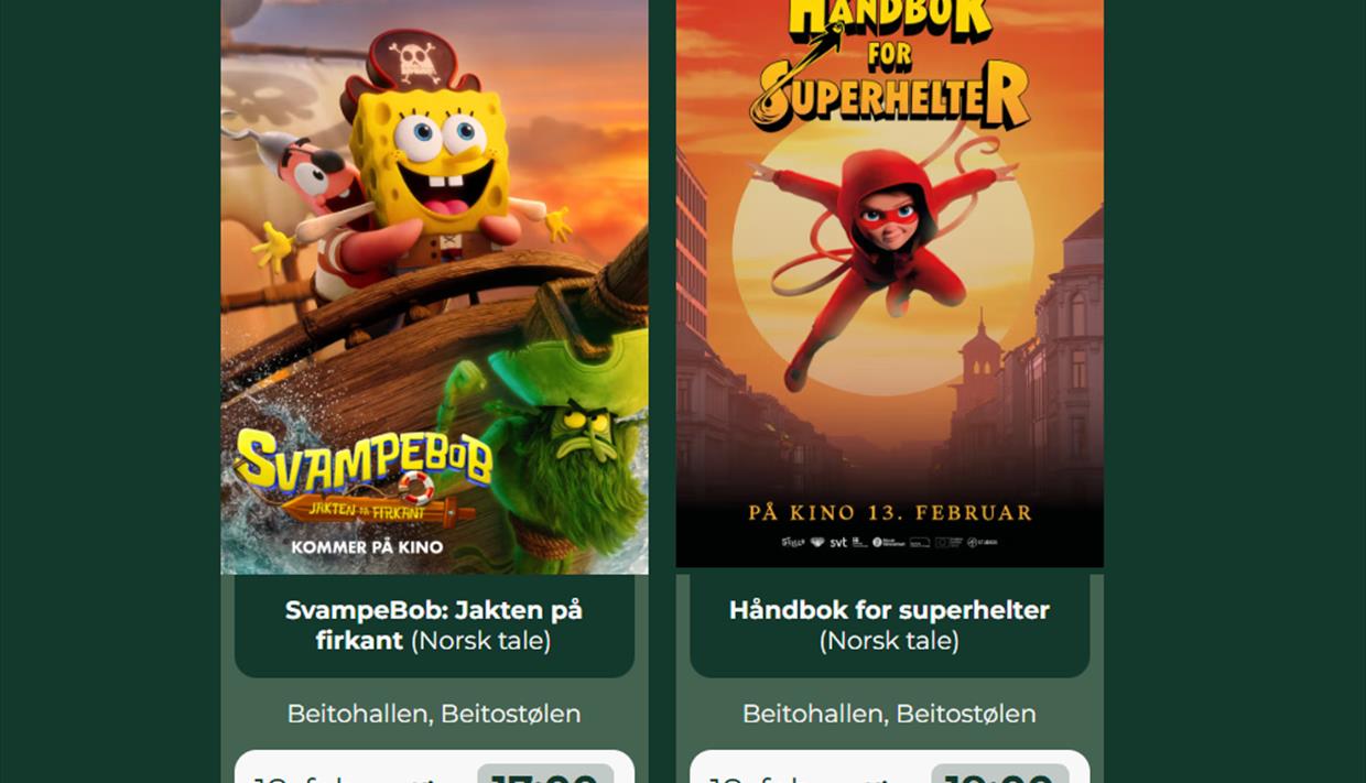 Filmplakater som viser Svampebob og Håndbok for Supehelter.