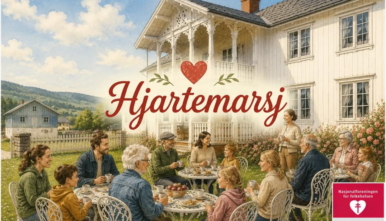 KI generert bilde av Blåflat gård med folk utenfor som koser seg med vaffel. Hjartemarsj står i senter på bildet.