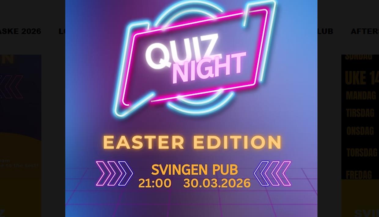 Plakat for påskequiz. Blå bakgrunn og neonlys i front