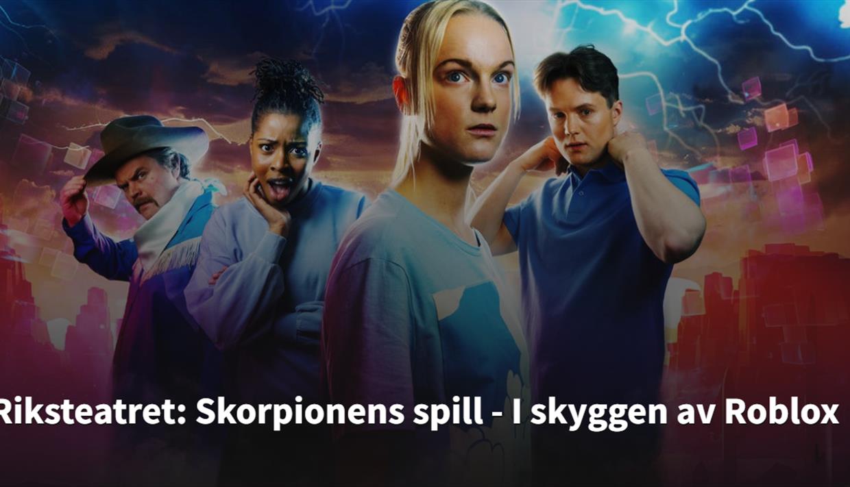 Plakat fra Skorpionens Spill. Fire ungdommer i en animert bakgrunn