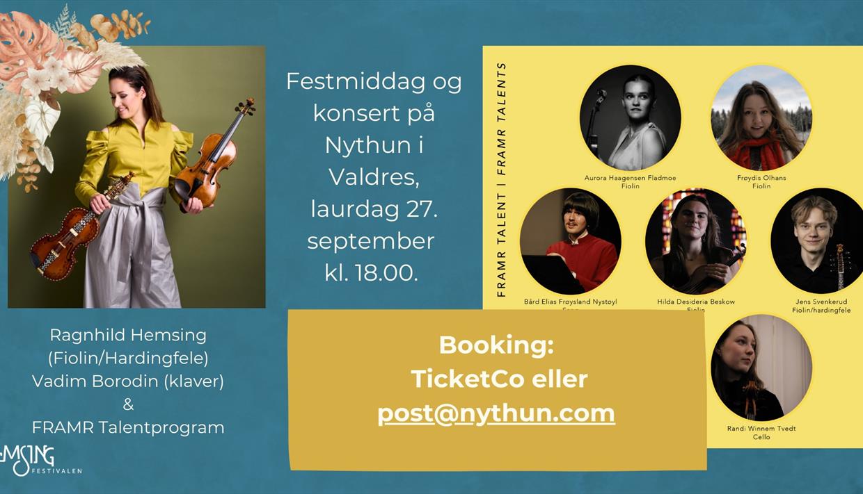 Informasjon om program, og bilder av de som skal spille. Festmiddag og konsert på Nythun i Valdres, laurdag 27.september kl 18:00. Booking på ticketco.