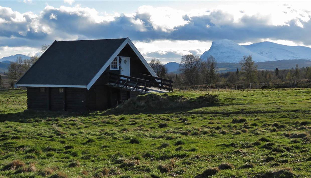 Tyrishølt en delvis skyet sommerdag, med grønt gress utenfor og snøkledde fjell i horisonten.