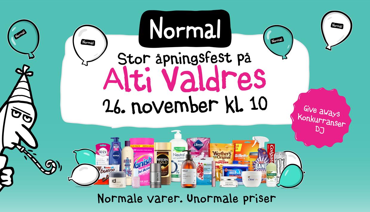 Plakat med produkter fra Normal og teksten: Stor åpningsfest på Alti Valdres 26. november kl 10