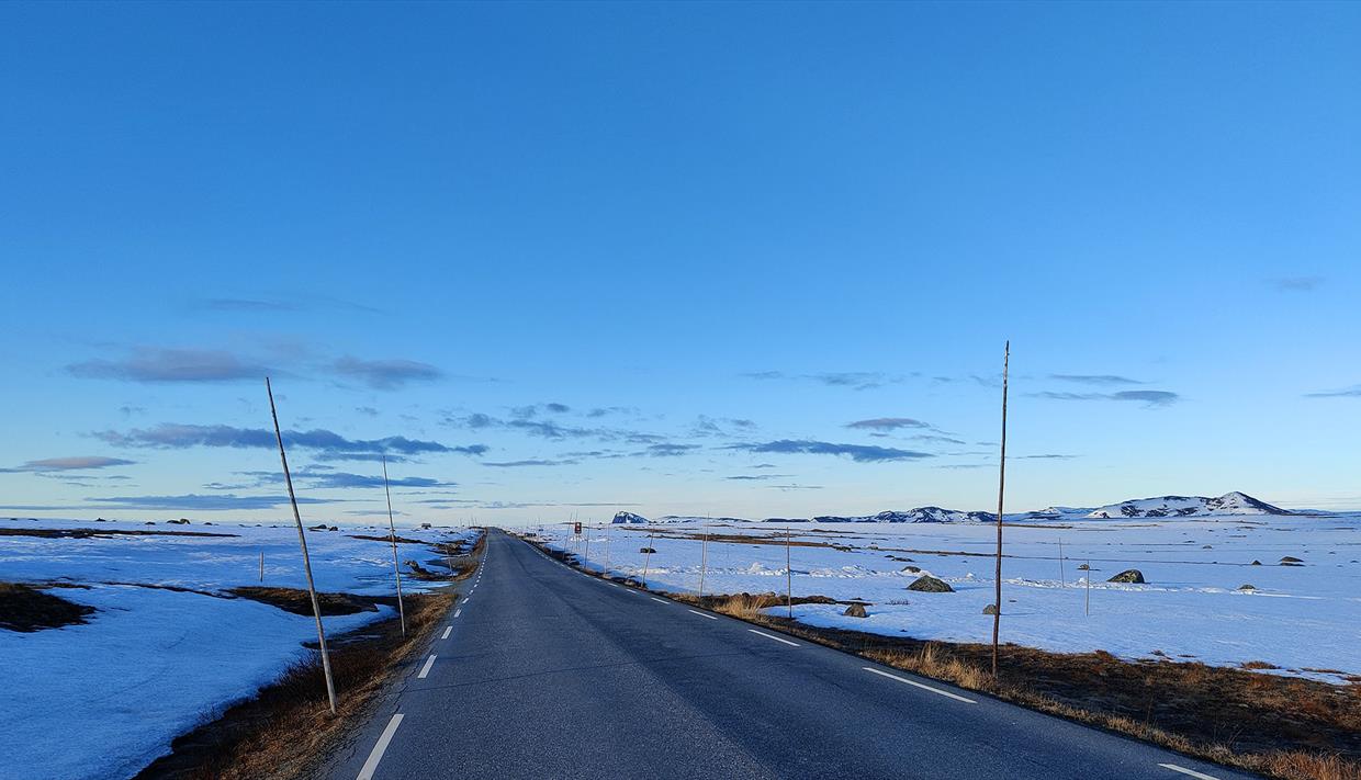 Road over mountain plateau with snow in the Blue Hour.