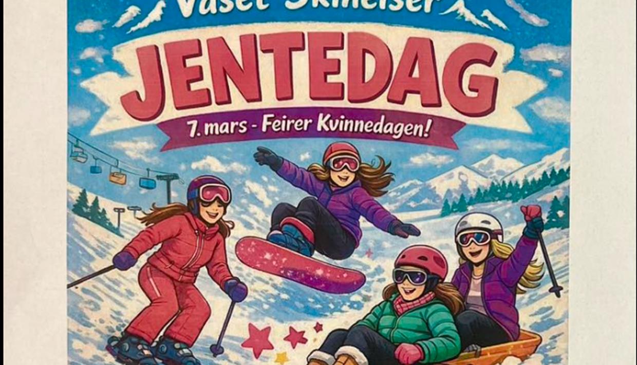 Ai-generert bilde som illustrerer jenter som står på ski og aker.