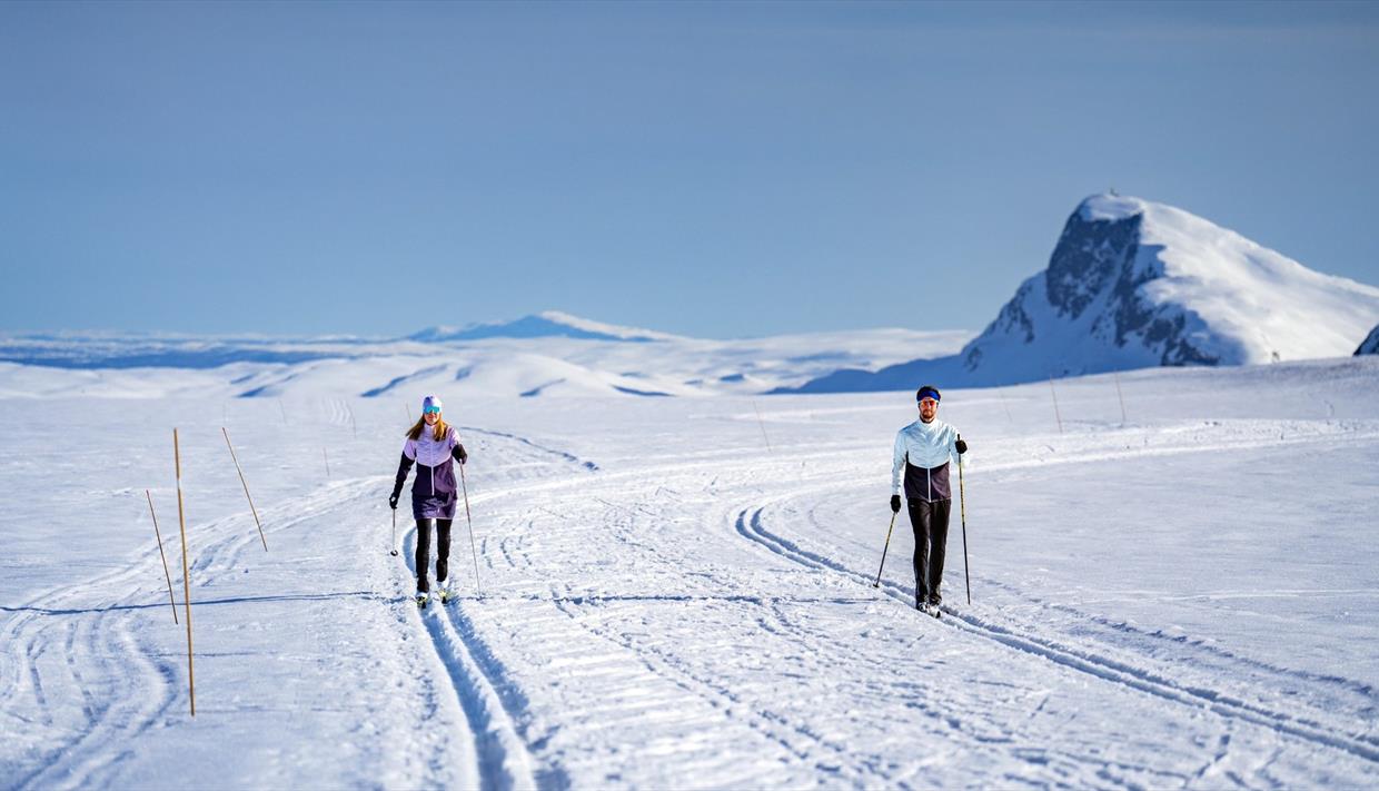 Two skiers in beautiful scenery in the mountains