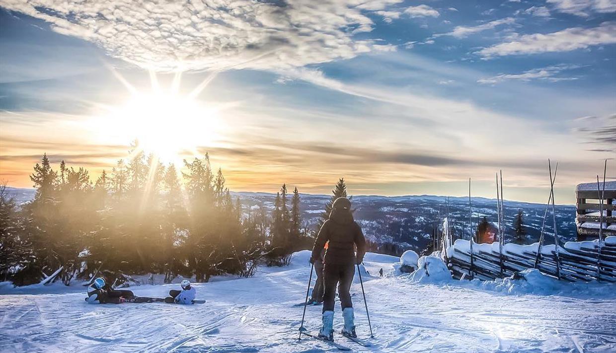 Skifahrer mit fantastischer Aussicht gegen die Wintersonne.
