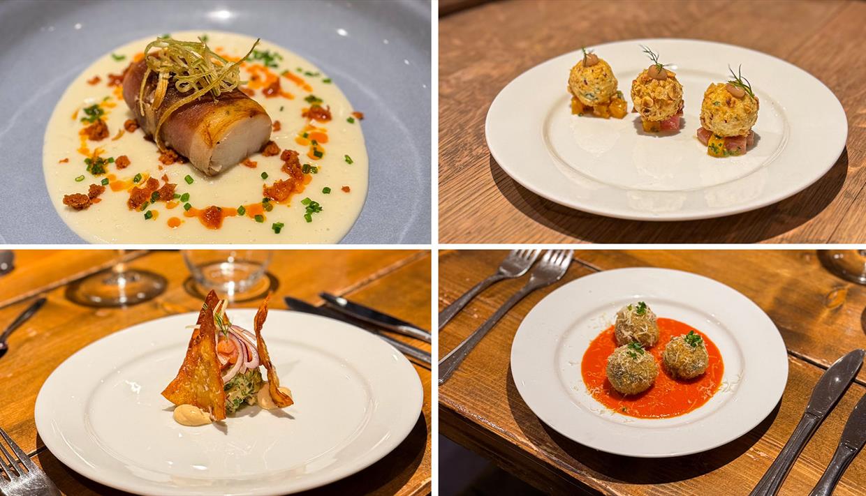 Kollasje med fire delikate retter.