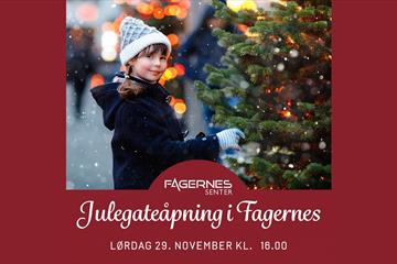Jente som pynter juletre. Tekst: Julegateåpning i Fagernes. Lørdag 29. november kl 16:00