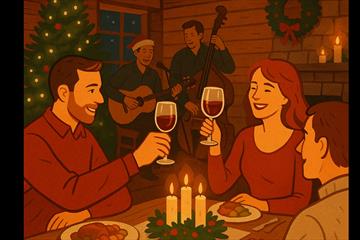 Animert bilde av familie som koser seg med julemiddag.