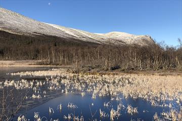 An early autumn morning at Lake Matkista. The previous night has been cold, and the lake is covered by a thin layer of ice while snow has fallen highe