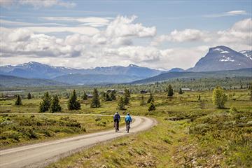 Cycling along Mjølkevegen with a beautiful view towards mountains.