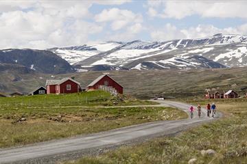 Fire syklister på en grusvei i fjellet, med røde stølshus og snødekt høyfjell bakenfor.