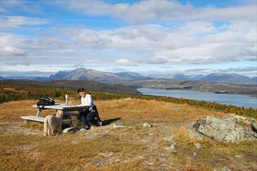 Fra rasteplassene oppe i høyden på Golsfjellet er det flott utsikt mot fjell og vann.