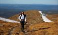 A woman hikes on a broad trail in mountainous country above the tree line towards the photographer.