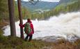 A woman stands on the bank of a white-foaming river thundering in rapids and waterfalls towards the valley bottom.