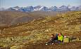 A familiy takes a break in the grass between many lichen-overgrown rocks on a mountain plateau on a sunny autumn day. High, pointed peaks are visible