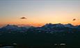 Wiew from Utsikten. From the left hand side: Hjelledalstinden (1989 masl), Falketind (2067 masl), Hurrungane, Uranostinden (2157 masl) og Storegut.