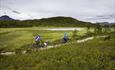 Two mountain bikers on a sustainably built trail in the mountains.