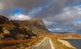 Autumn colours along Bygdisheimvegen with the mountain Synshorn in the background. The gravel road is flat and easy to cycle on.