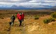 People hike on a broad, easy-walked grass trail over an open high plateau. Higher mountains on the horizon.