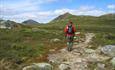 A hiker in a red jacket on a rocky path with a mountain in the background