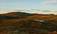 Autumn-coloured high country above the tree line in soft evening light.