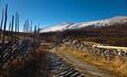 A gravel road in the mountains along a roundpole fence and a stone wall during autumn with a snowy mountain in the background.