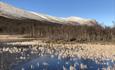 An early autumn morning at Lake Matkista. The previous night has been cold, and the lake is covered by a thin layer of ice while snow has fallen highe